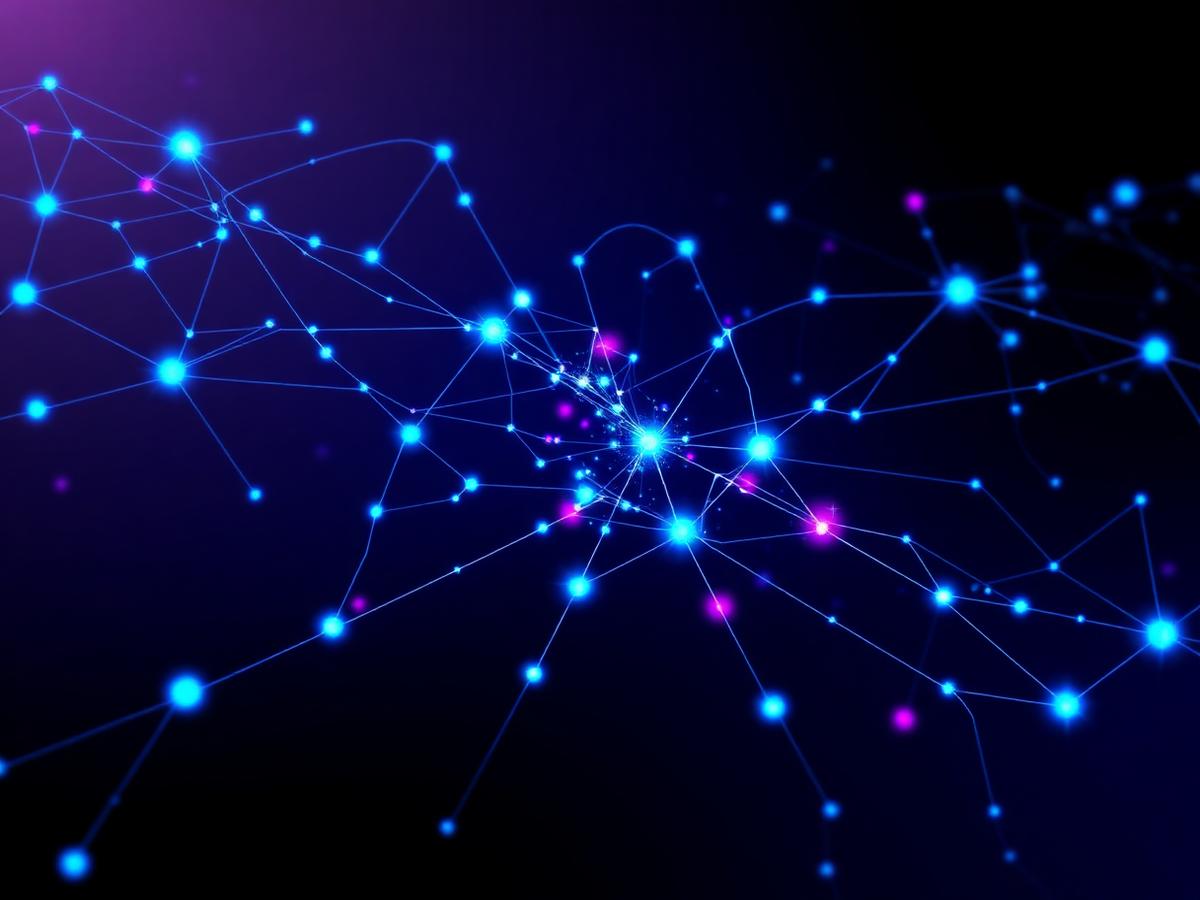 Neural network of glowing blue nodes representing AI trading bots